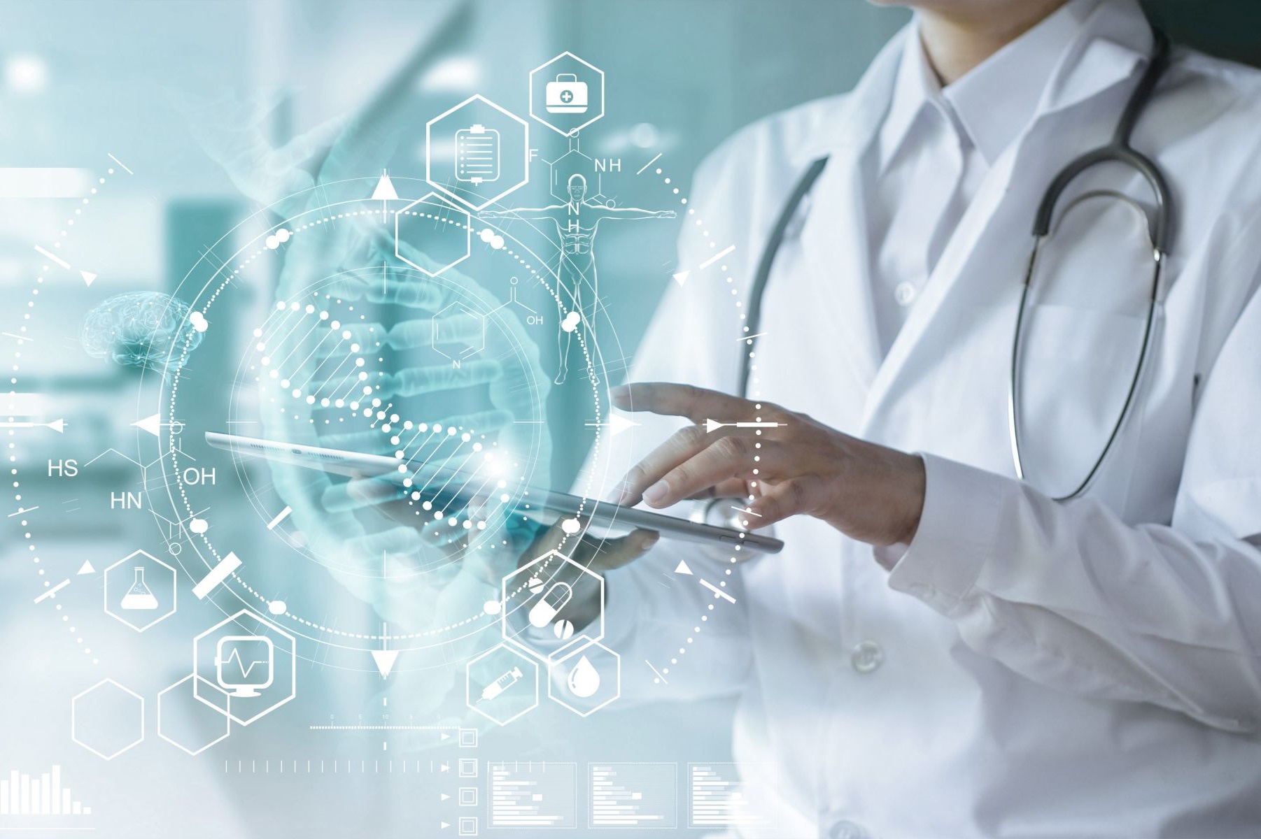 Medicine doctor touching electronic medical record on tablet. DNA. Digital healthcare and network connection on hologram modern virtual screen interface, medical technology and futuristic concept.