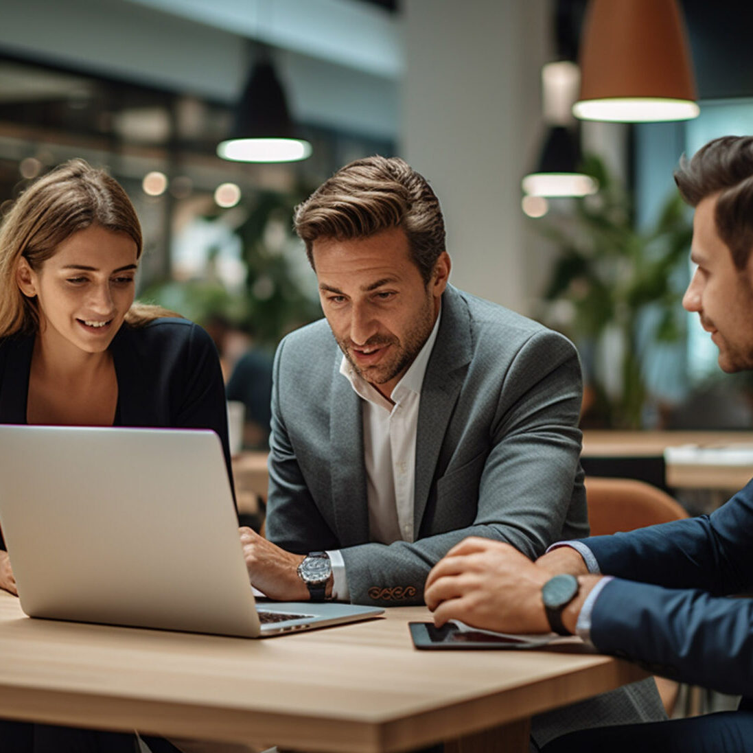 A photography of Confident business male and female team discussing a project, A male siting on chair have laptop in front